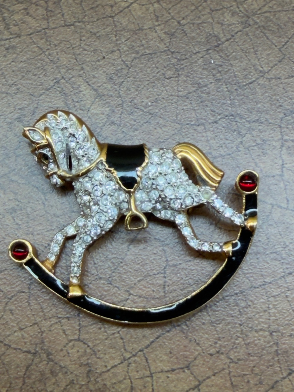 Sparkling Gold & Black Rocking Horse Brooch